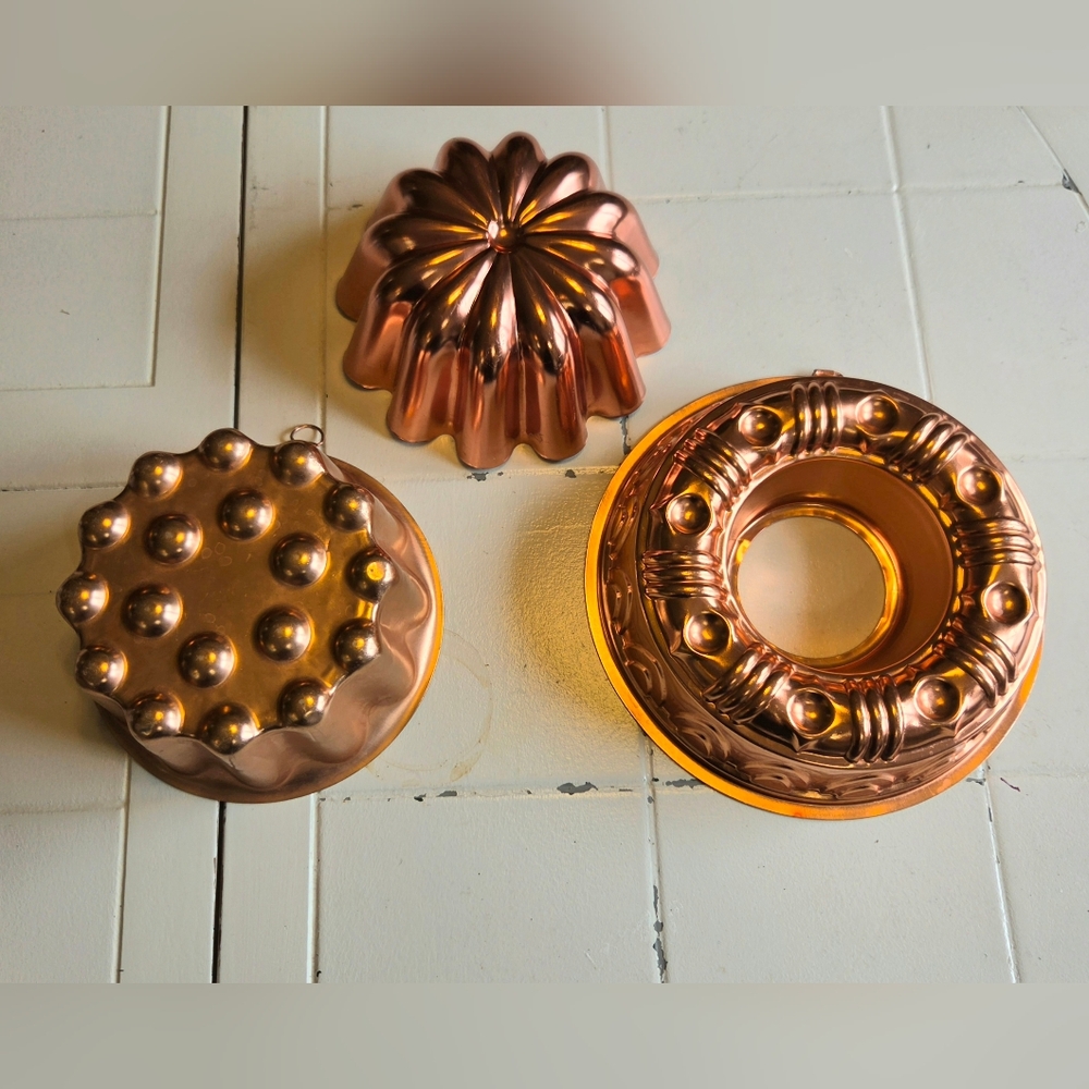 Lot of 3 Vtg Copper Toned Mold Pans Fluted Dotted Jello Cake Retro Wall Decor